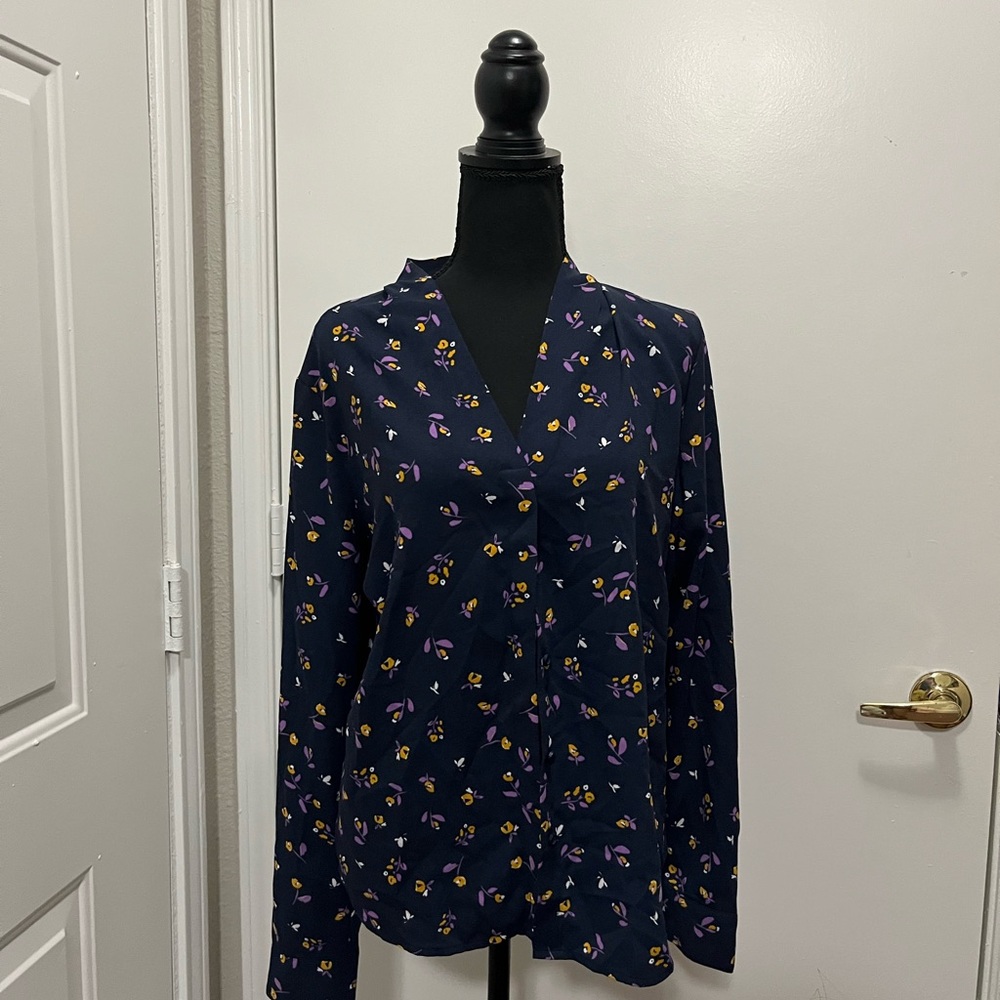 Halogen Dark Blue Top with Colorful Floral Pattern